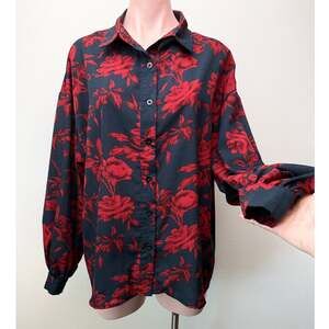 In The Style Dark Red Floral Oversized Button Down Blouse Women’s US 6